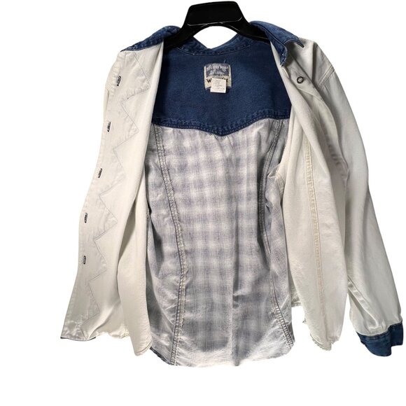 Vtg Wrangler Western Wear Denim Shirt White Blue Cowgirl Rodeo Zig Zag Plaid Lg - Picture 7 of 13